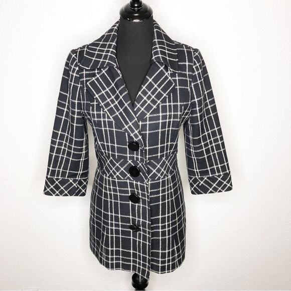 WHBM black white plaid button front coat size 8 classic preppy statement chic - Picture 1 of 14